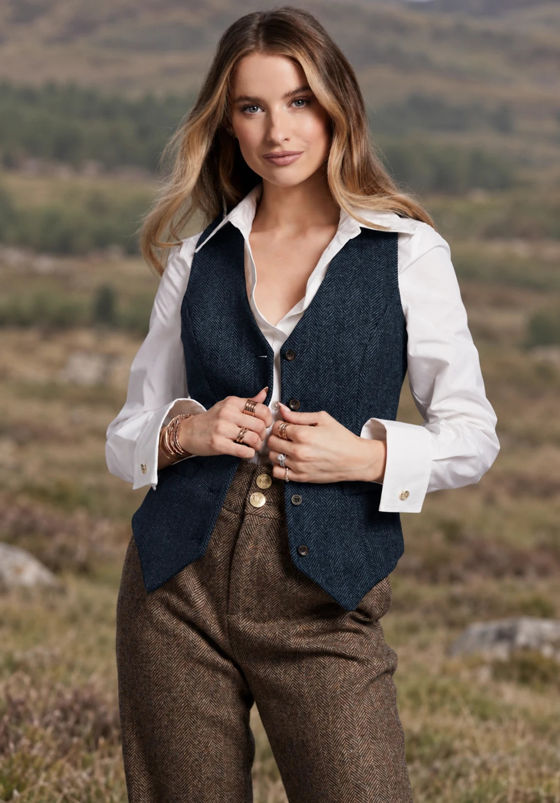 Women's Suit Vest Navy Herringbone Tweed Front Styled Look