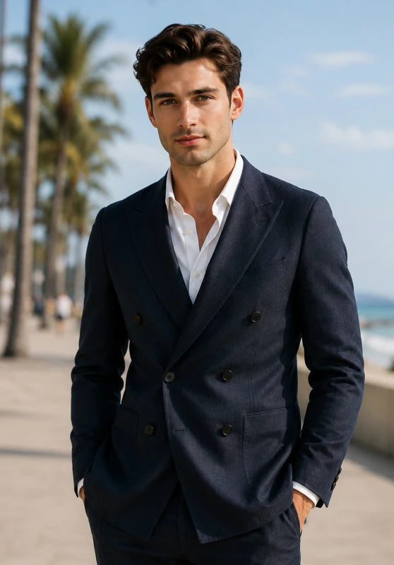 Front view of men's linen blazer in navy