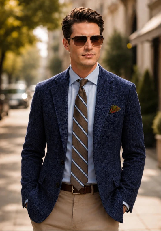 Men's herringbone tweed blazer, navy blue wool-blend fabric classic-fit close-up fabric and pocket detail