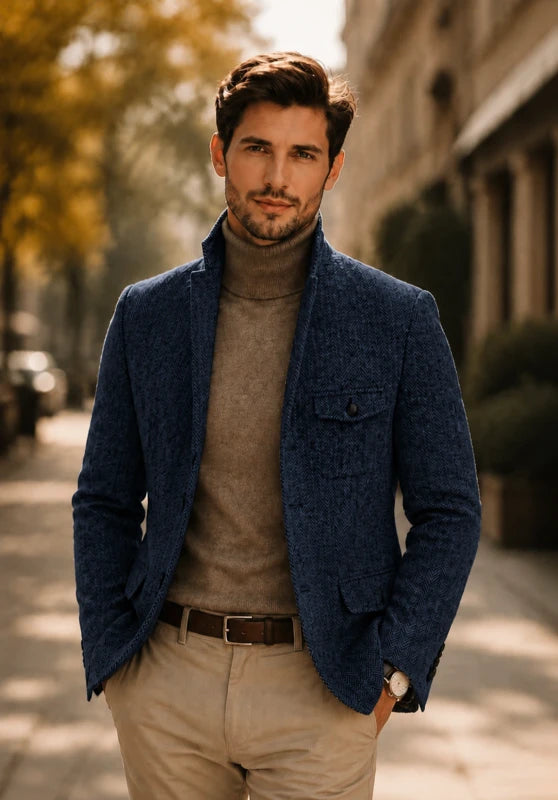 Men's herringbone tweed blazer, navy blue wool-blend fabric classic-fit close-up fabric and pocket detail