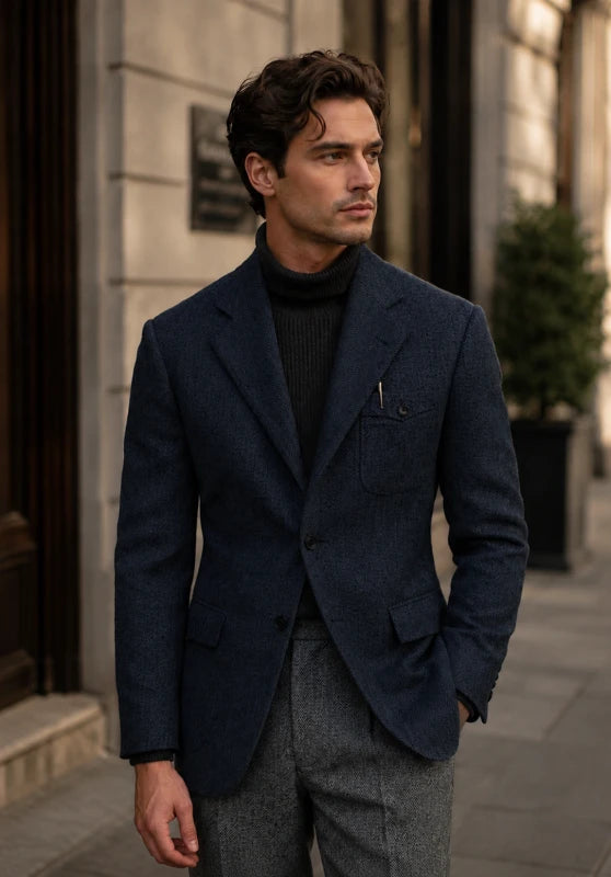Men's herringbone tweed blazer, navy blue wool-blend fabric slim-fit close-up fabric and pocket detail