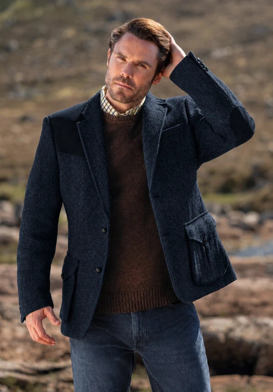 Men's tweed blazer, navy blue textured tweed slim-fit close-up fabric and pocket detail