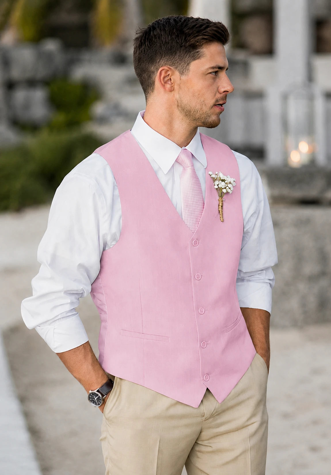 Men's Suit Vest + Pink + Five-Button Design + Front Styled Look