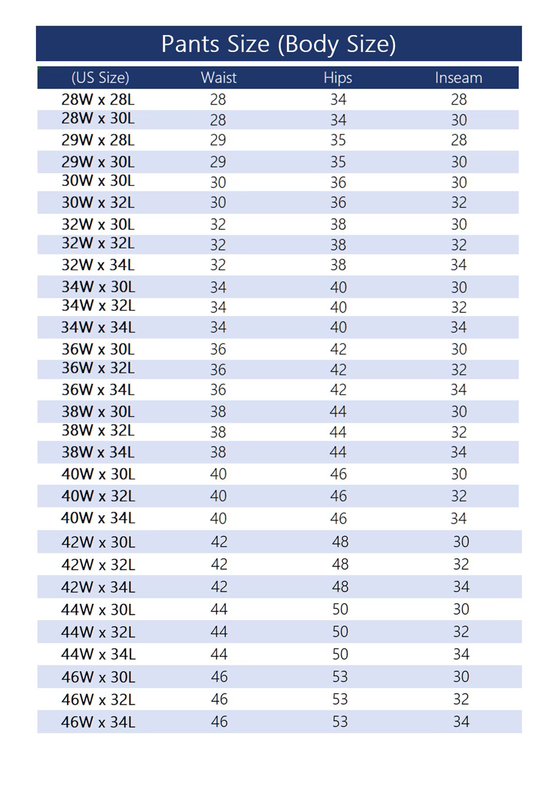 Men's Pants Sizes