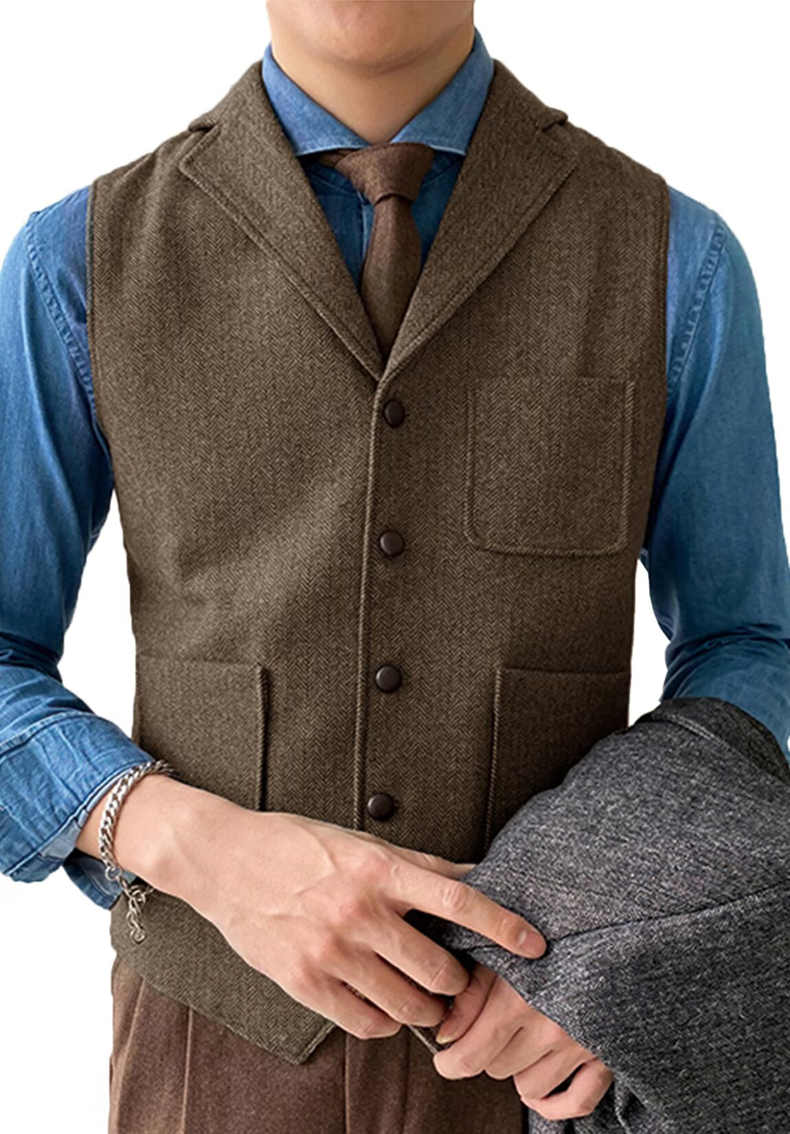 Men's khaki tweed vest 
