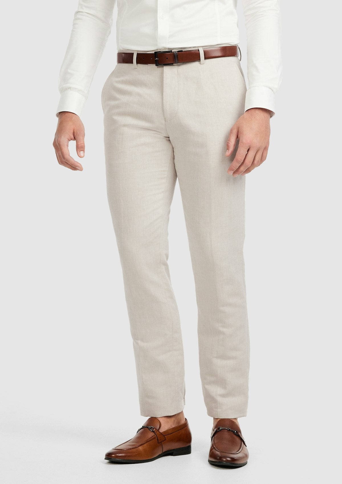 men beige dress pants slim fit front view full outfit