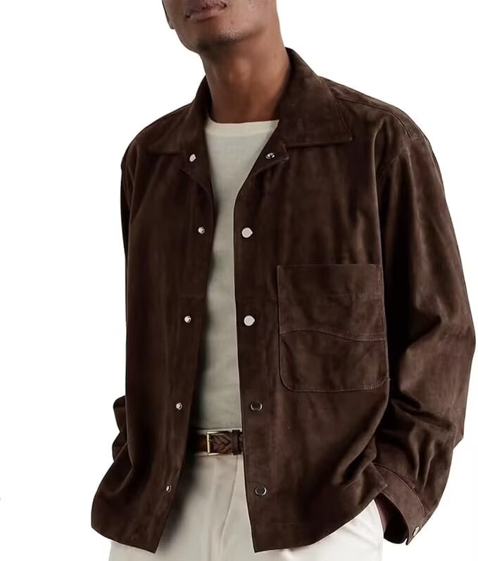 Front view of men's suede blazer in brown