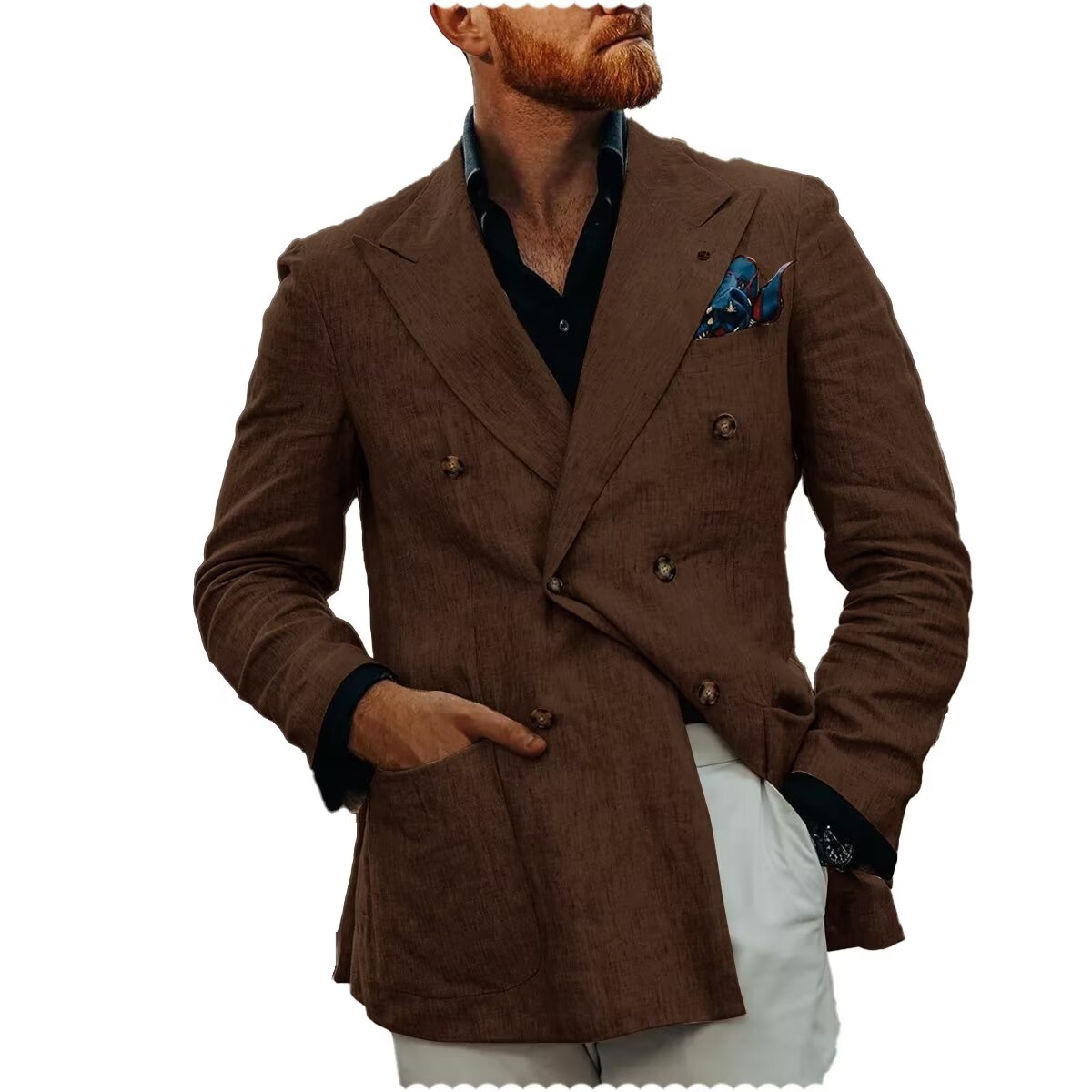 Front view of men's linen blazer in brown 