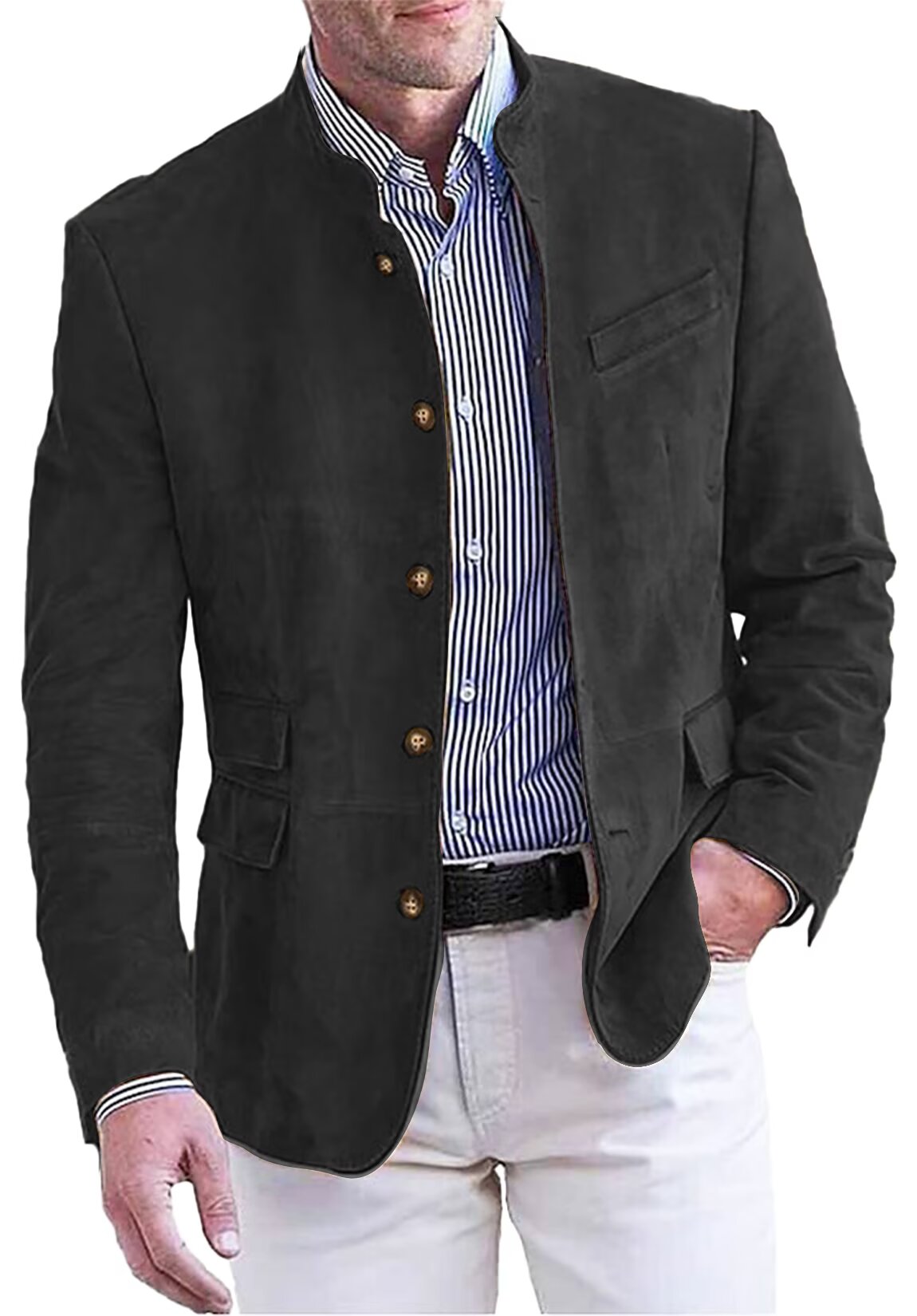Front view of men's suede blazer in black  
