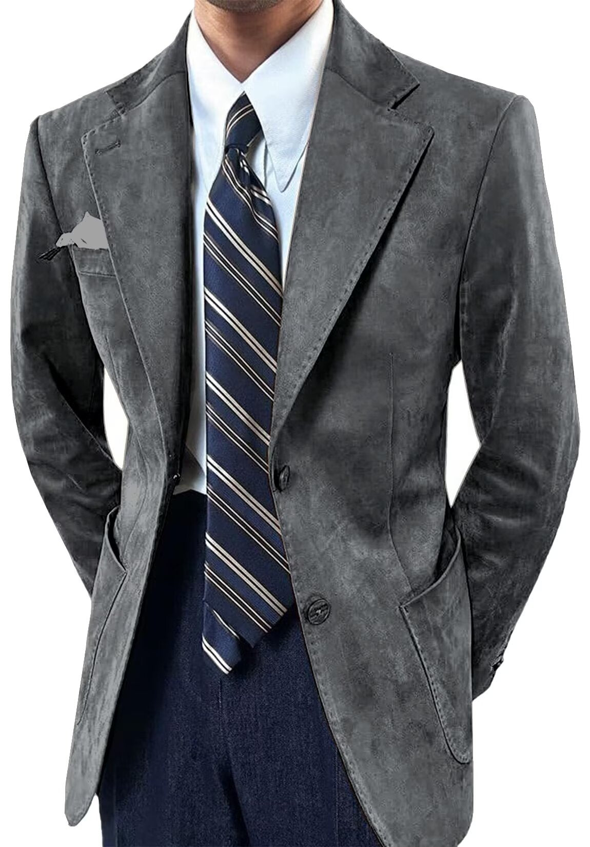Front view of men's suede blazer in dark grey