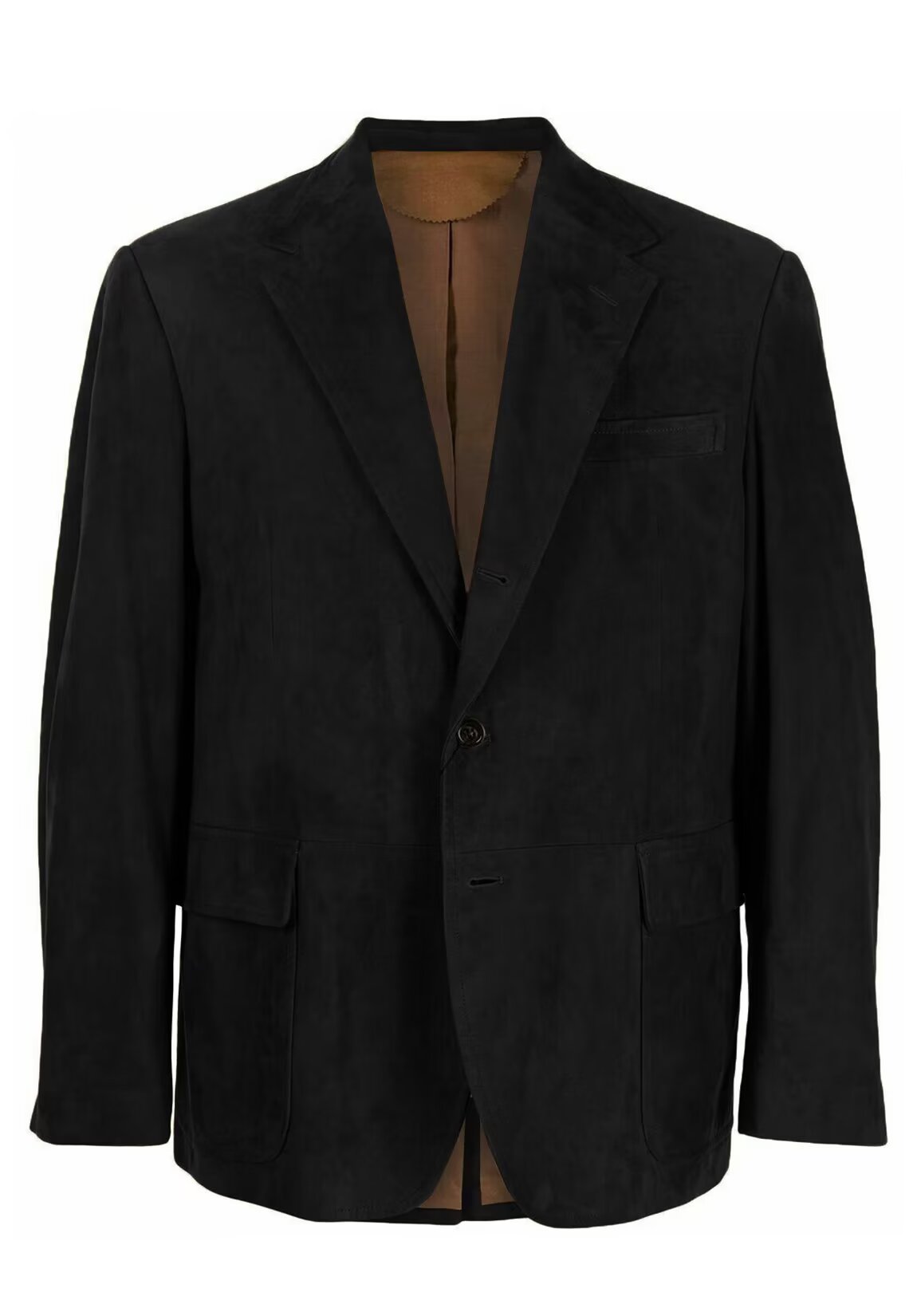 Front view of men's suede blazer in khaki with notch lapel and two-button closure