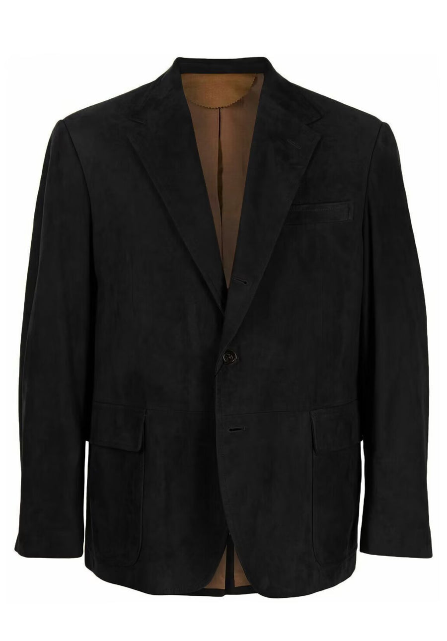 Front view of men's suede blazer in khaki with notch lapel and two-button closure