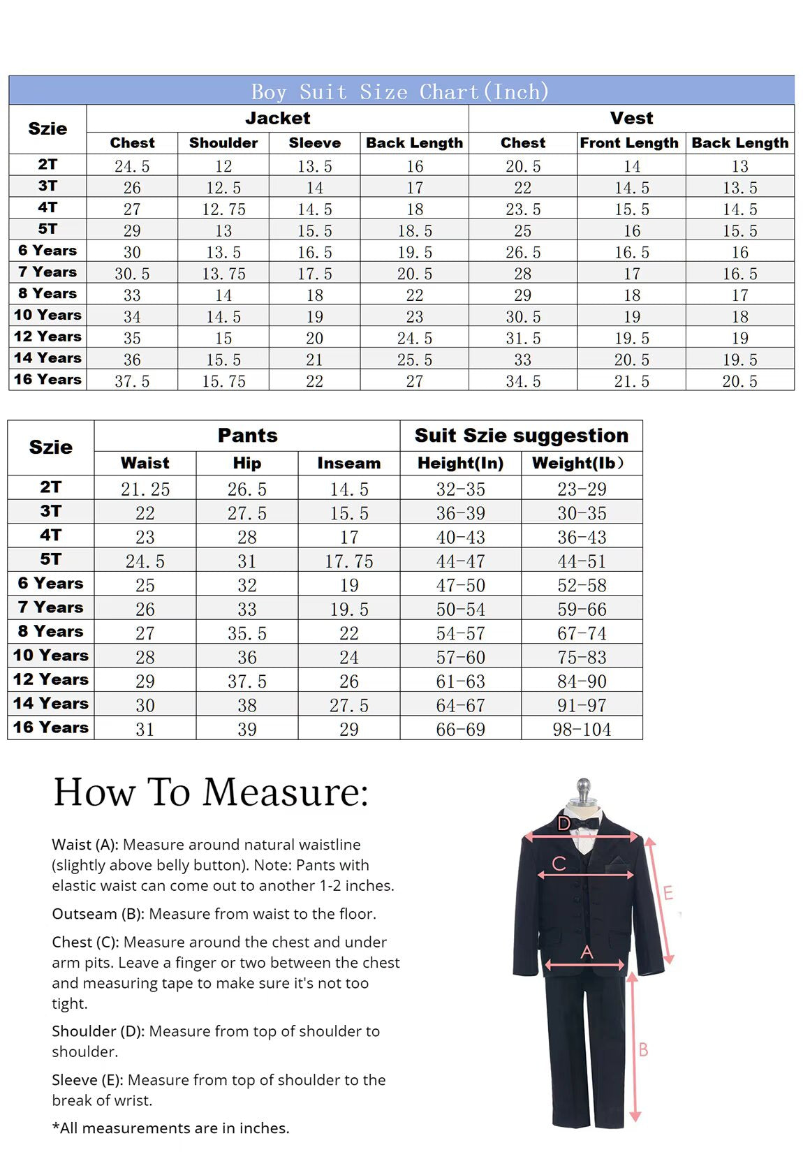 Boy suit size chart