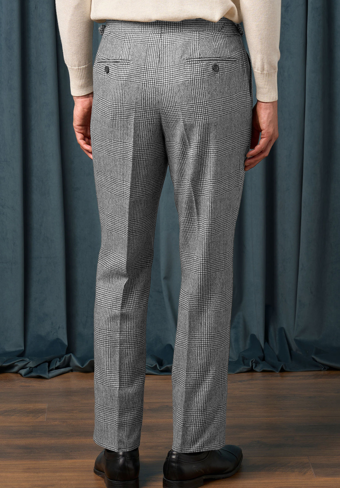 men black plaid pants back view formal style