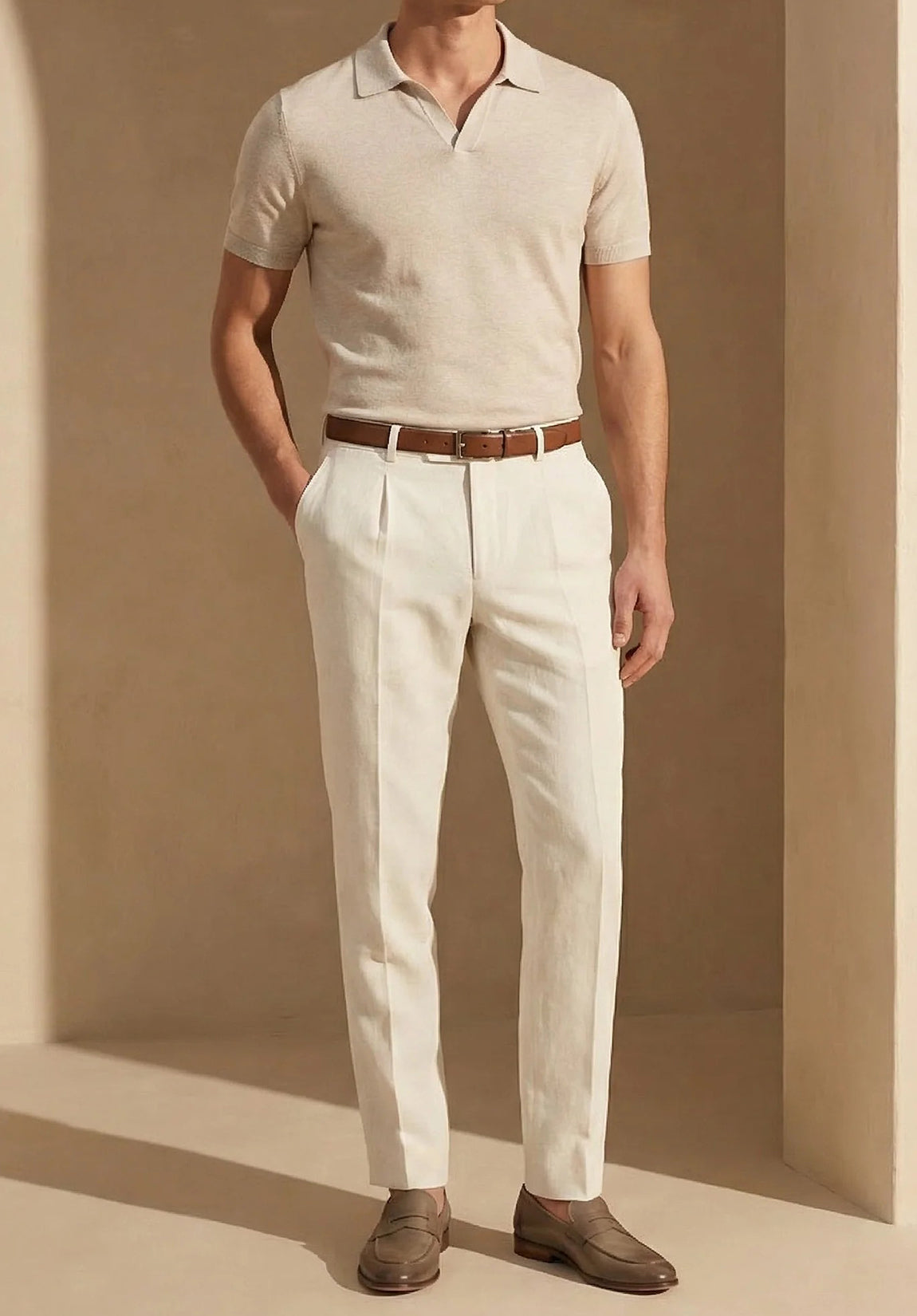 men beige pants slim fit front view full outfit