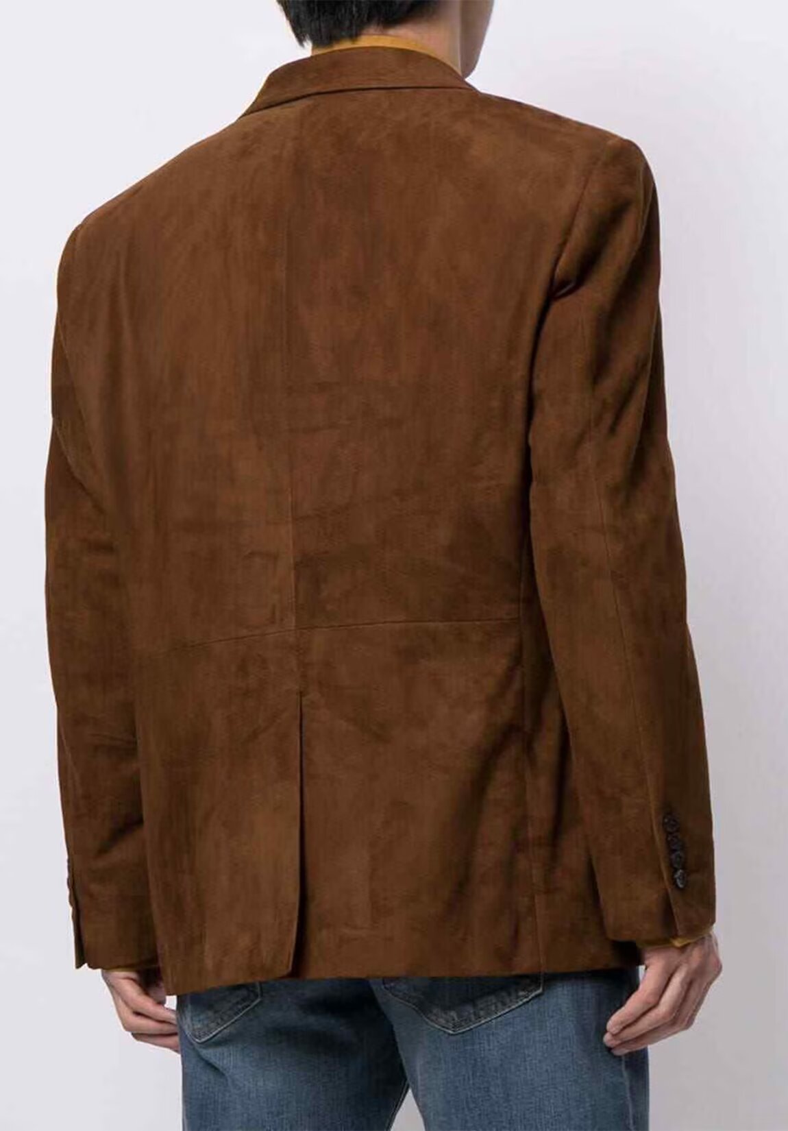 Back view of men's suede blazer in khaki showing tailored cut and shoulder fit
