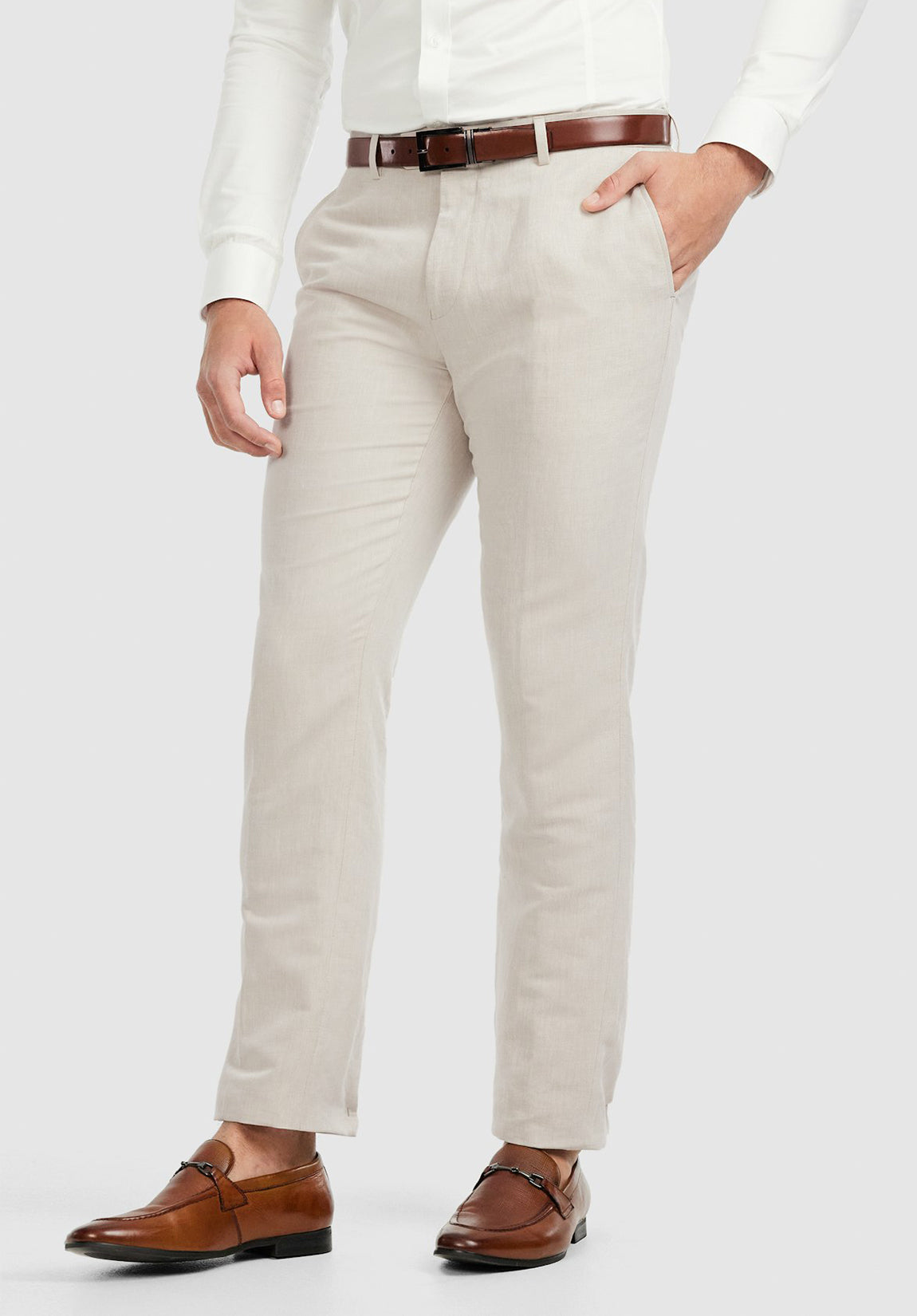 men beige dress pants slim fit angled front view tailored fit
