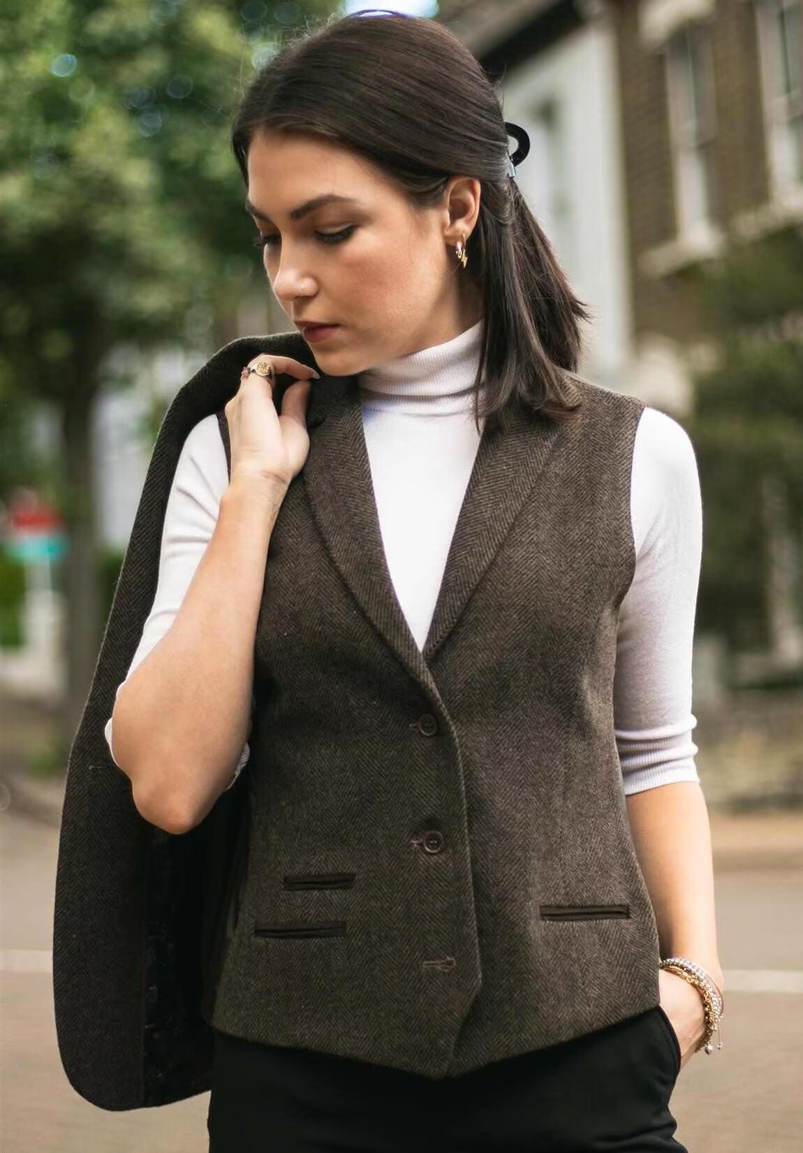Women's navy tweed vest 