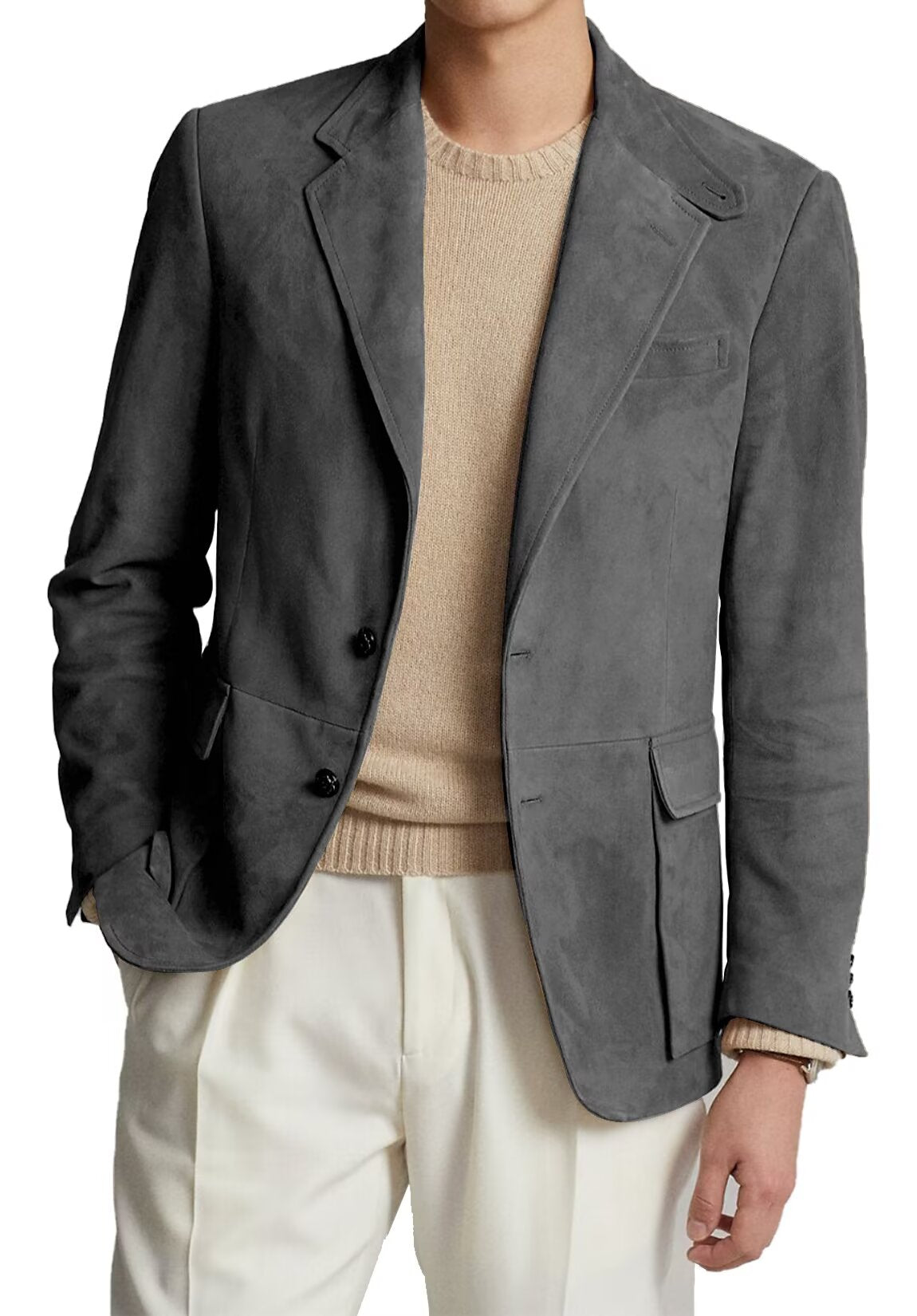 Front view of men's suede blazer in dark grey