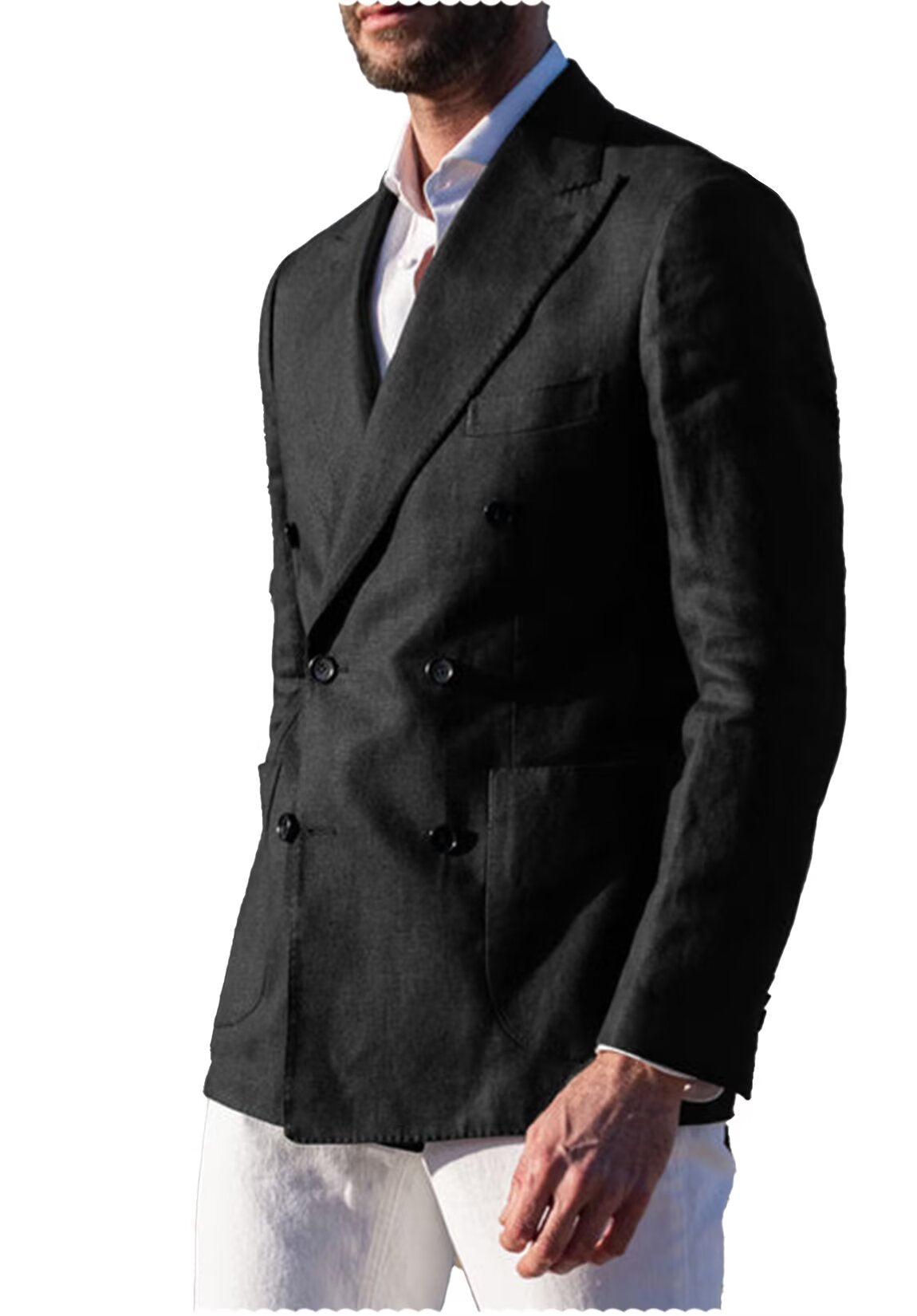 Front view of men's linen blazer in black  