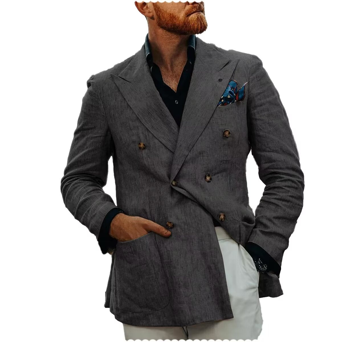 Front view of men's linen blazer in navy