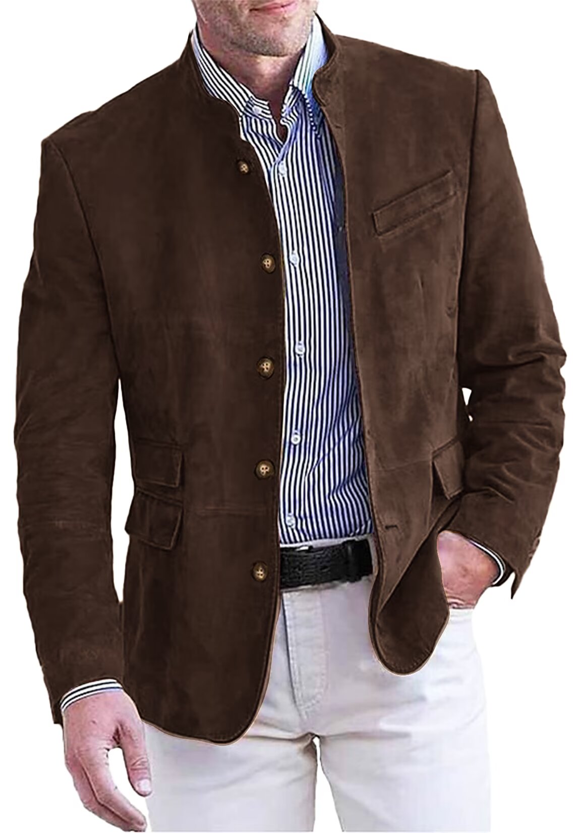 Front view of men's suede blazer in brown