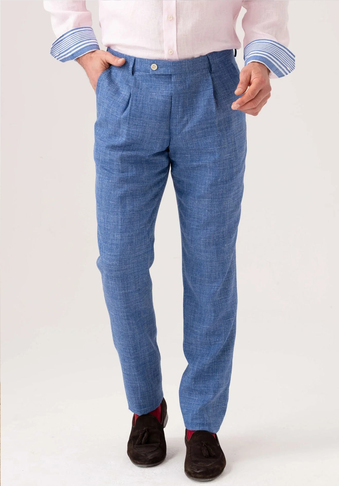  Slim Fit Blue Linen Trousers with Double Pleats