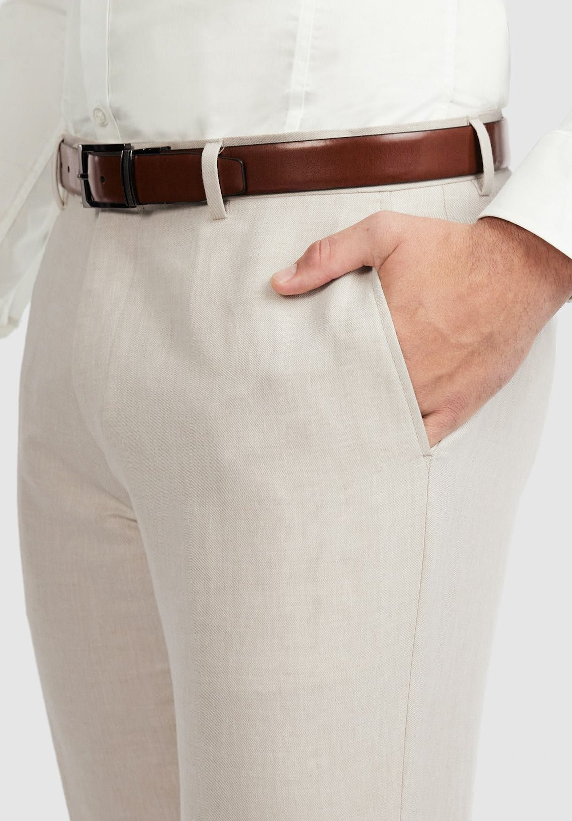 men beige dress pants slim fit pocket and waistband detail close up