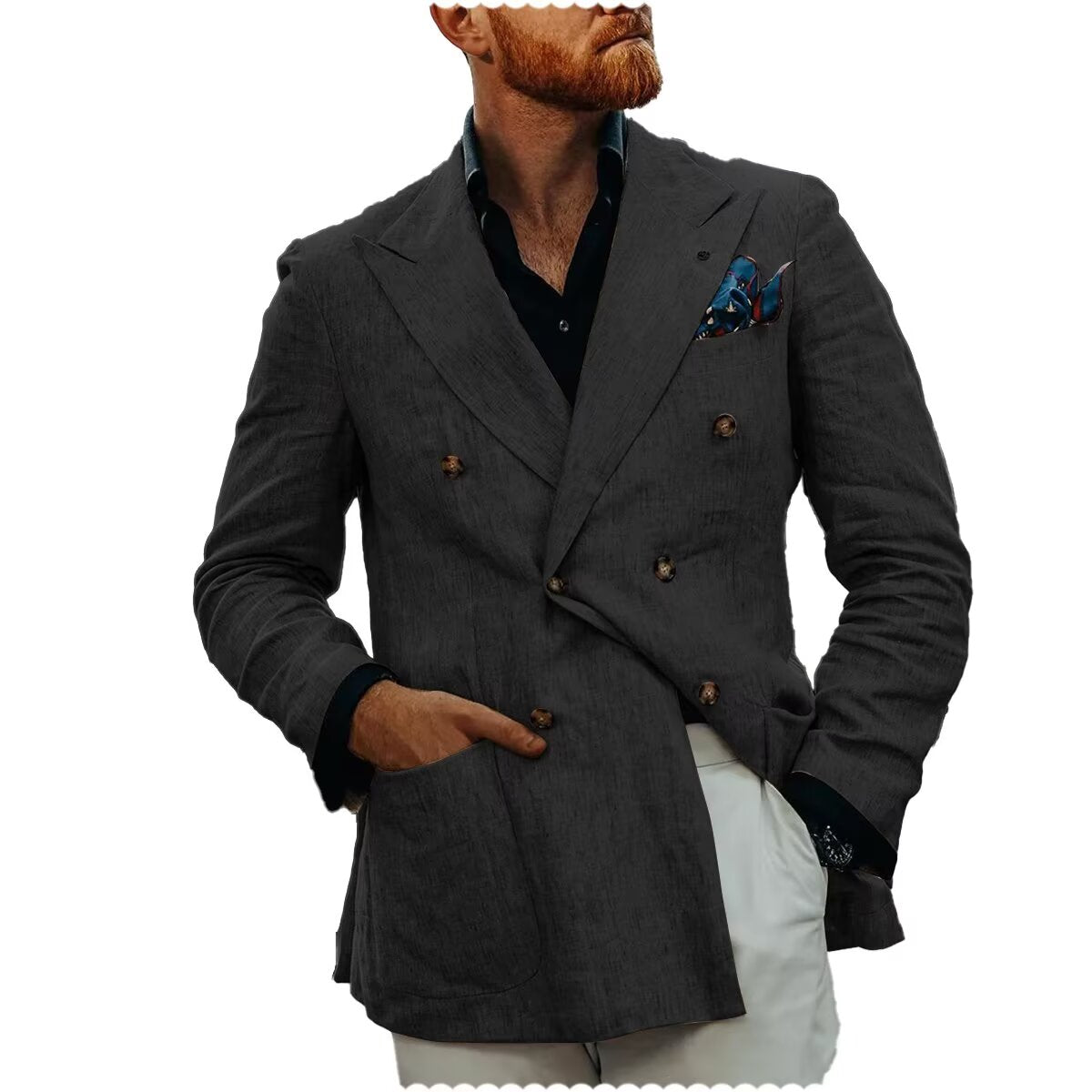 Front view of men's linen blazer in black  