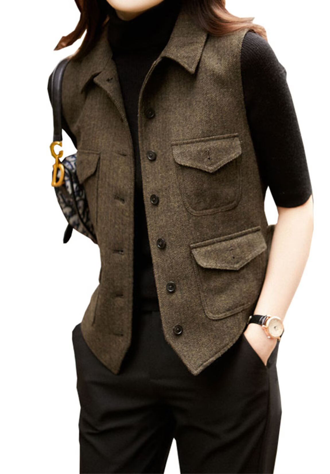 Women's khaki tweed vest 