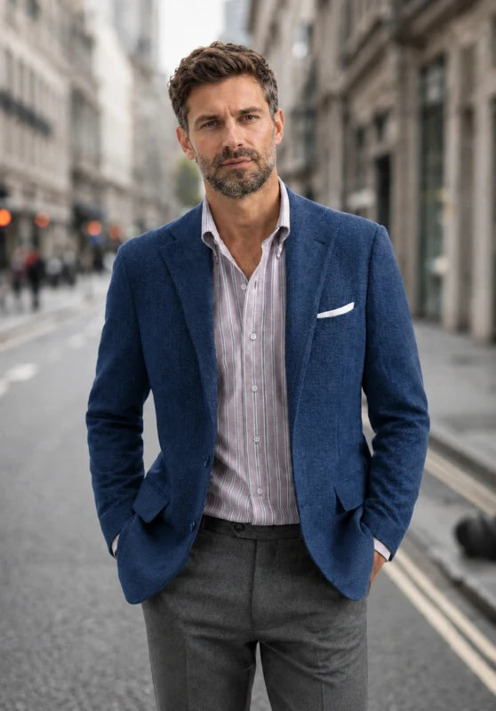 Men's tweed blazer, brown textured tweed slim-fit close-up fabric and pocket detail