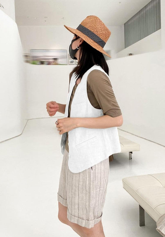 Women's Linen Vest White Side Casual Pose