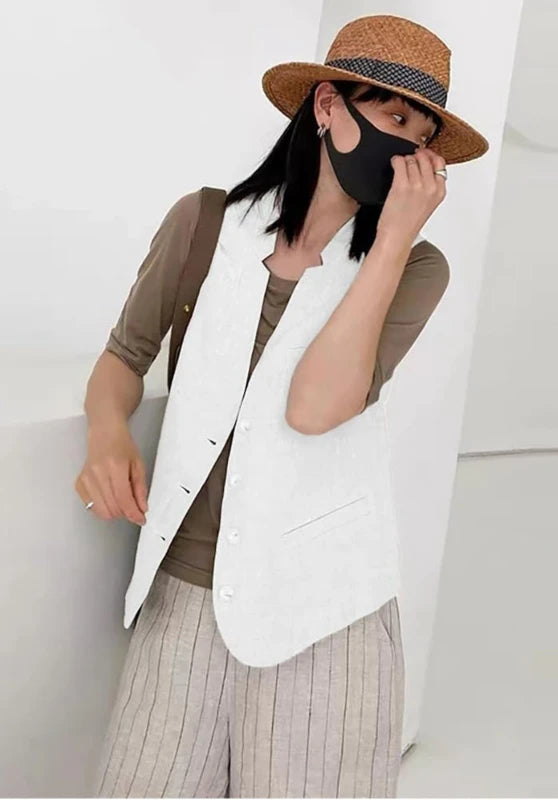 Women's Linen Vest White Front View