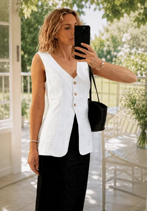 Women's Linen Vest White Front View