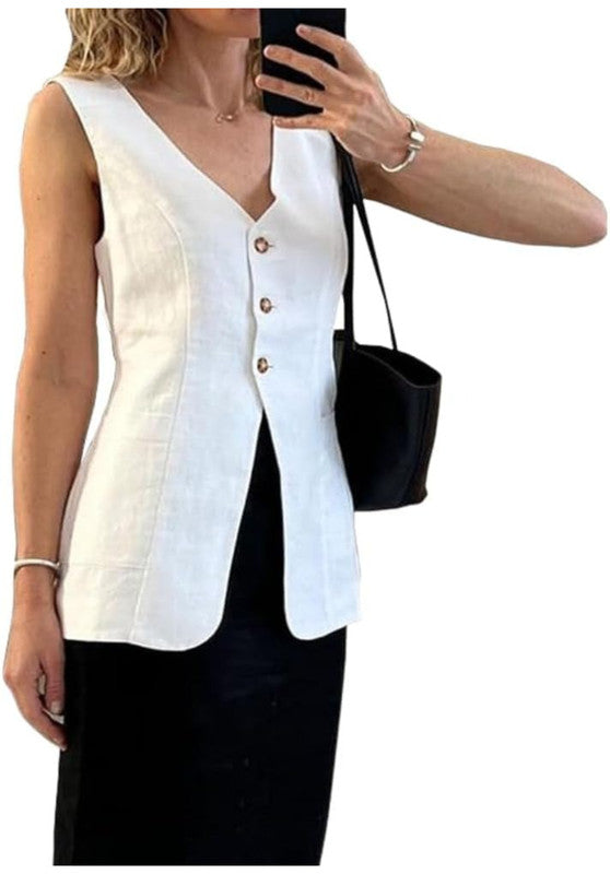 Women's Linen Vest White Front View
